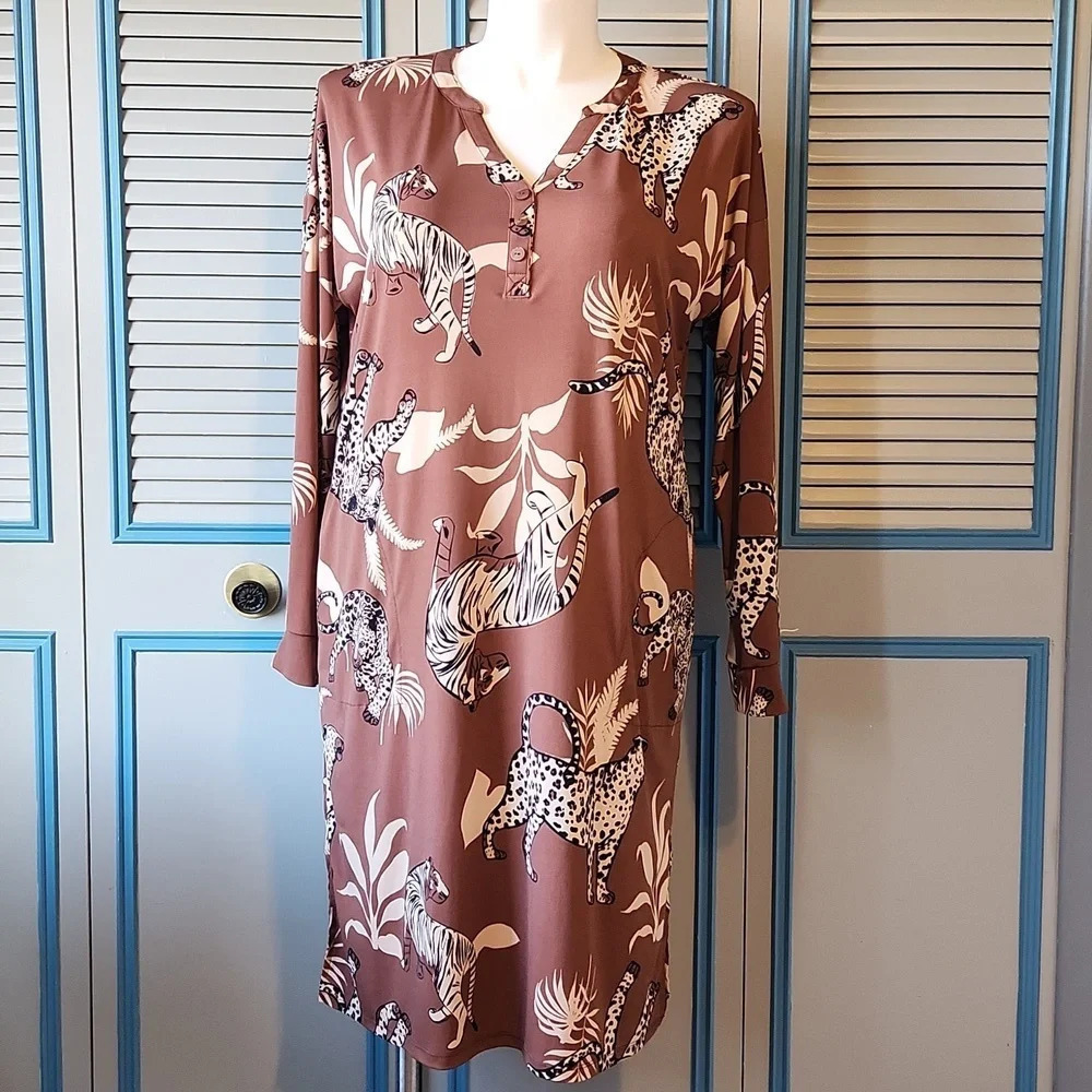 Breezies Brown Cheetah Print Dress - Picture 1 of 11